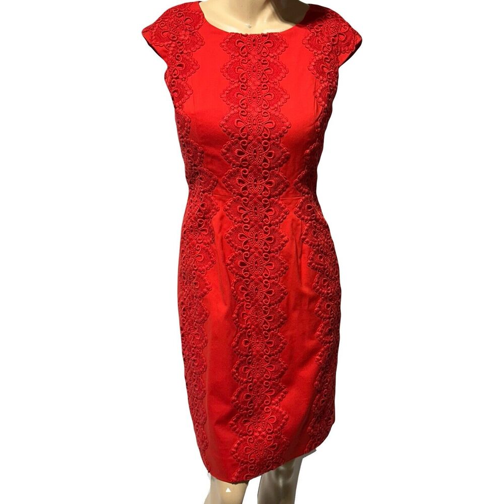 Antonio Melani Lace Embroidered Sheath Dress Size 4 Bright Red Cap Sleeve